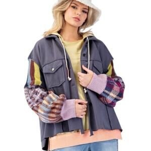 EASEL - Shacket with Multi-color Sweater Sleeves